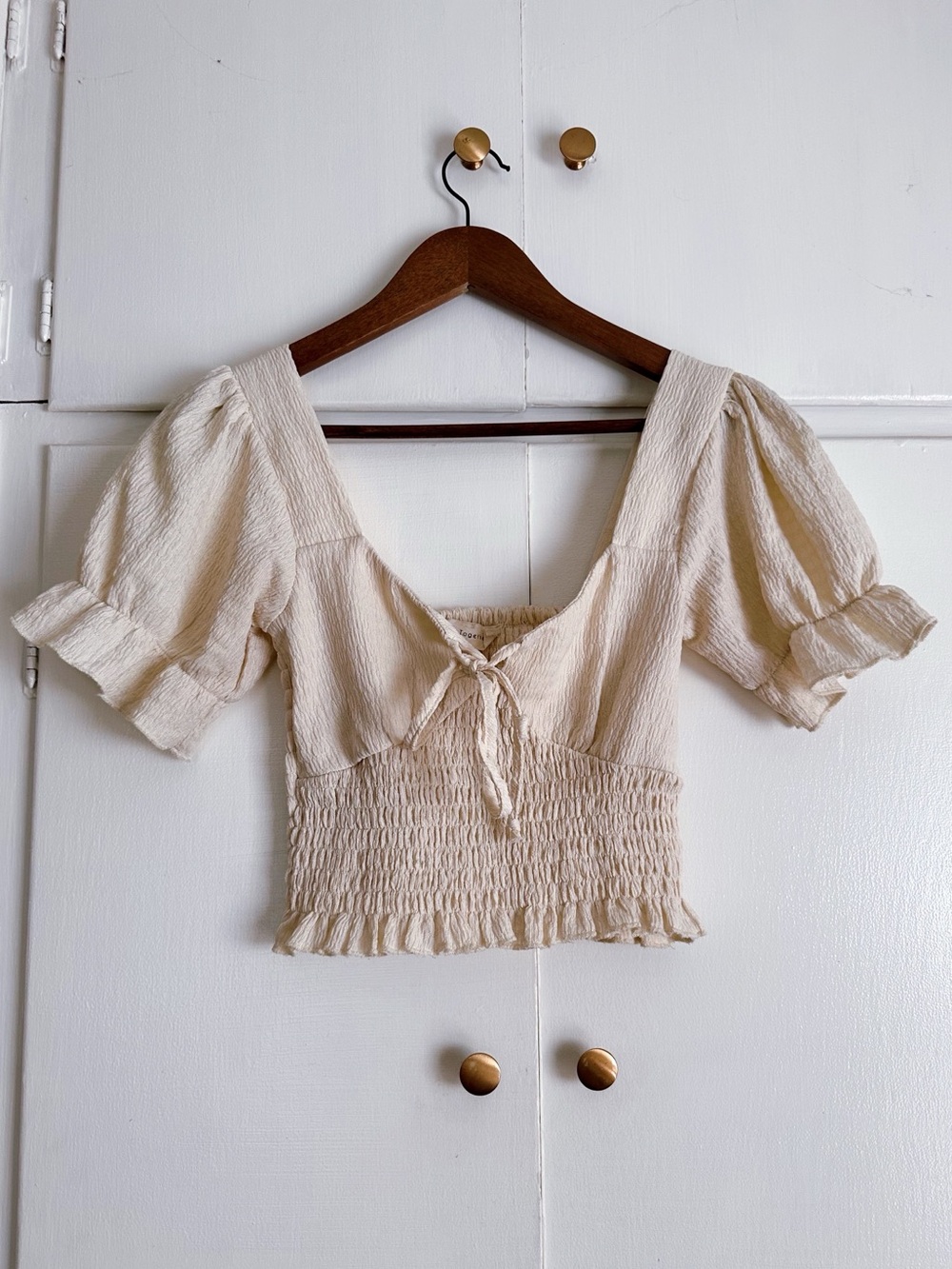 By Together Cream Smocked Tie-Front Boho Top